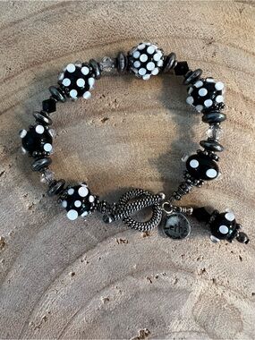 Black & White Polka Dot Beaded Bracelet with Toggle Clasp